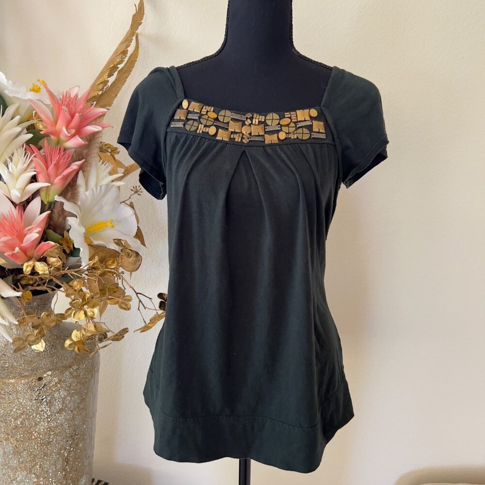 Y2K Forest Green Babydoll Gold Beaded Top
